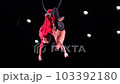 Aerial hoop duo on black background doing performance. Concept of romantic relationship in couple  103392180