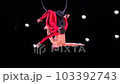 Circus aerial hoop duo on black background performing beautiful tricks. Man and women fly on stage 103392743