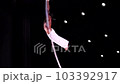 Male, muscular circus artist on Aerial straps on black stage background performing spinning trick in slow motion 103392917