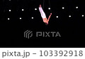 Male, muscular circus artist on Aerial straps on black stage background performing gymnastics trick in slow motion. Concept of individuality, creativity and self-confidence 103392918