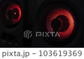 Closeup at moving sub-woofer with red backlight, light music, color music. Speaker part music. 103619369
