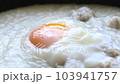 Close up of congee or rice porridge with pork and soft boiled egg, Chinese food 103941757