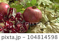 Two fresh ripe pomegranates and one cut on yellow autumn leaves 104814598