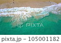 Aerial drone view on clean sandy beach. Shore of Indian Ocean. Blue waves fall on shore. Copy space for text. Nature and travel background. Concept of traveling for summer holidays. Waves and sand. 105001182
