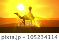 The sunny day in the desert. Tourist enjoying a camel ride on dunes with palms. 105234114