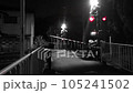 A train approaching the railroad crossing at night 105241502