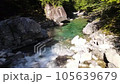【長野県】エメラルドグリーンの清流、阿寺渓谷の空撮 105639679