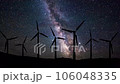 Wind turbines at night under the starry sky. Timelapse. 106048335