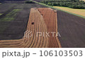 Combine harvesting: aerial view of agricultural machine collecting golden ripe wheat into truck. 106103503