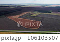 Combine harvesting: aerial view of agricultural machine collecting golden ripe wheat into truck. 106103507