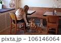 FullHD Woman trains dog and sits in cafe spbd. Back view of young female owner training cute pet and taking paw, giving food and sitting at table with coffee in room. Pretty lady is having good time 106146064