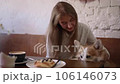 FullHD Woman strokes pet dog and sits at table in cafe spbd. Young caucasian female touching cute corgi and looking with smile, sitting at table with coffee in interior. Beautiful lady owner is having 106146073