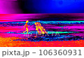 Young girl walk on the beach and suddenly begin run. Brekwater poles in ocean waves. Infra camera simulator 106360931
