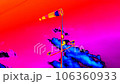 Windscock and flag flutter in the wind on a pole. The weather station measures the wind speed. Thermal infrared image film 106360933