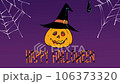 Jack-o-lantern and bats flying overhead (purple background) 106373320