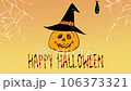 Jack-o-lanterns and bats flying overhead (orange background) 106373321