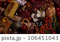 Table filled with food, autumn harvest background, thanksgiving, top view  106451043