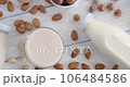 Various vegan milk types, alternative milk made of nuts, almonds, cashew poured into glasses on white table, top table view, slow motion video clip 106484586