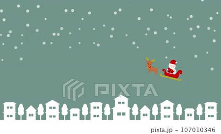 雪降る空を飛ぶソリに乗ったサンタクロースのアニメーションの動画素材 [107010346] PIXTA
