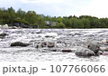 Close up of clean and dark water flowing in a small forest river with stones 107766066