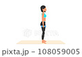 Dumbbell squat clean and press exercise tutorial. Female workout on mat 108059005