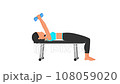 Dumbbell lying triceps extension exercise tutorial. Female workout on mat 108059020