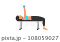 Dumbbell bench press exercise tutorial. Female workout on mat 108059027