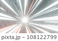 A moving video of a beam of light traveling at speed in a large, cyber technology futuristic steel tunnel. 108122799
