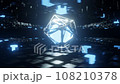 3D animation of the world of future technology and energy. Blurry circle of blue light It is covered with a steel frame that moves around. There were many black metal squares surrounding. 108210378