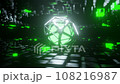 3D animation of the world of future technology and energy. Blurry circle of green light It is covered with a steel frame that moves around. There were many black metal squares surrounding. 108216987