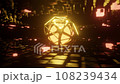 3D animation of the world of future technology and energy. Blurry circle of orange light It is covered with a steel frame that moves around. There were many black metal squares surrounding. 108239434