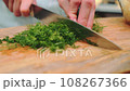 Cutting dill with a sharp knife on a cutting board 108267366