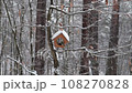 Birds eat food in a feeder during an autumn snowstorm in the forest. Common tits and tufted tits. 108270828