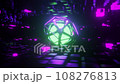 3D animation of the world of future technology and energy. Blurry circle of green light It is covered with a steel frame that moves around. There were many purple black metal squares surrounding. 108276813