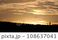 A woman walking her dog on the bank in the golden sunset 108637041