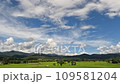 Time-lapse of beautiful blue sky with cloudy movement over green mountain and meadow rice plantation field 109581204
