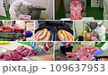 Meat Processing Plant - Multi Screen Video. Meat Process Workers on a Production Line. Automatic Vacuum Meat Packaging in Modified Atmosphere. Butcher at Work. Fresh Meat Packing Line.	 109637953