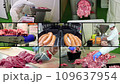 Meat Processing Industry - Multi Screen Video Montage. Meat Process Workers on a Production Line. Automatic Vacuum Meat Packaging in Modified Atmosphere. Butcher at Work. Fresh Meat Packing Line. 109637954