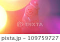 Snowman dessert macaron decorated with hat and scarf against colorful background and flashing bokeh on foreground. Camera moves away from object. Merry Christmas and Happy New Year festive concept 109759727