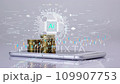 coins stack increase stop motion with Ai technology on circuit board. futuristic hologram busness background. 109907753