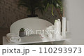 Presentation of cosmetic products on white tray in bathroom. Front view of preparation for spa wellness or home bath procedure in motion. Concept of wellness, spa, lifestyle. 110293973