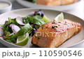 Grilled salmon fillet and fresh vegetable salad. Mediterranean diet.  110590546