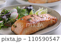 Grilled salmon fillet and fresh vegetable salad. Mediterranean diet.  110590547