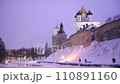 view of the Holy Trinity Cathedral in winter evening, snowfall. Pskov Kremlin 110891160