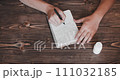 Hands writes phrase and taking pills. Top view close up 111032185