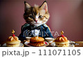An anthropomorphic kitten wearing a suit asking for dessert at a cafe. 111071105