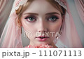 Bride in antique pink veil and pink rose bouquet 111071113