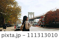 Stylish young brunette woman road crossing and enjoying beautiful view of the Brooklyn Bridge in autumn 111313010