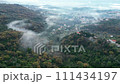 Cloudy valley with trees and mountains, captured in stunning aerial footage. 111434197