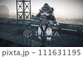 Two alien warriors, standing sentinel at their advanced alien fortress, their imposing presence a testament to the high-tech marvels of their stronghold. 111631195